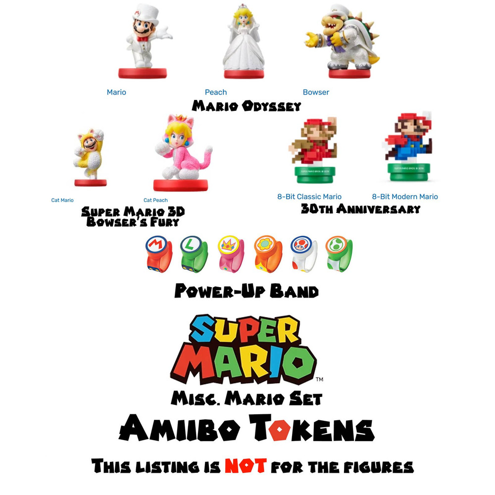 13 - Misc. Super Mario Amiibo Tokens - Mario Odyssey, Power-Up Bands etc